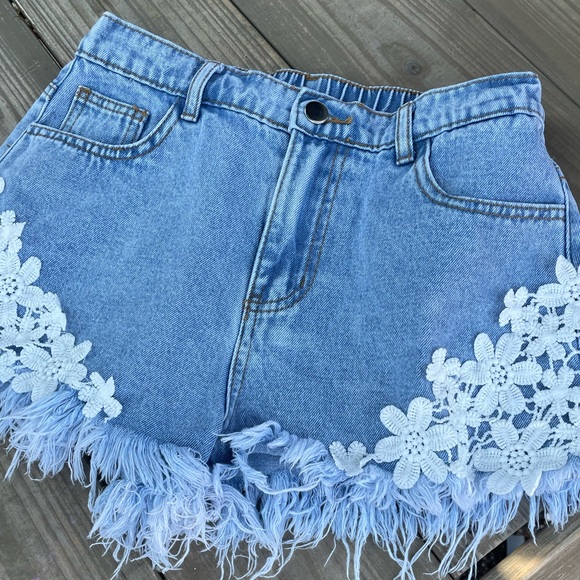 SHEIN Other - SHEIN Blue Denim Lace Trim Fringe Shorts